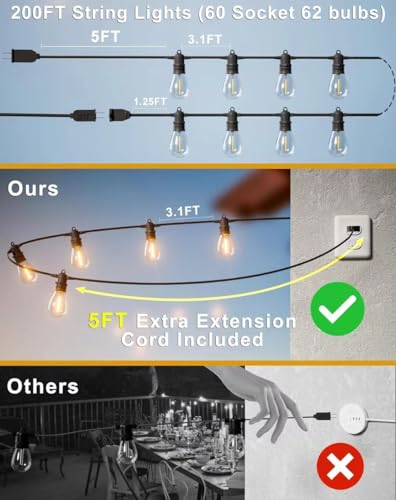 200FT LED Outdoor String Lights with 60 Edison Shatterproof IP65 Waterproof Bulbs, 2700K Dimmable Commercial Grade Patio Lights, Heavy Duty Outside Hanging Light for Garden Decor - size: 200FT