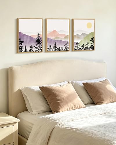 KUVIOKE Mountain Landscape Framed Wall Art Watercolor Nature Painting Boho Sun Rise Prints Farmhouse Rustic Home Decor Ready to Hang 11x14in (Natural Framed) - color: Color Sunrise Forest, size: 11 x 14in x 3 Panels Natural