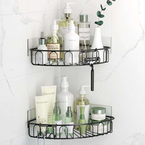 Orimade Corner Shower Caddy with 2 Hooks Wall Mounted Metal Bathroom Shelf Storage Organizer Adhesive No Drilling 2 Pack, Black Only for 90-Degree Corner - color: Matt Black