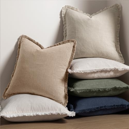 MIULEE Decorative Throw Pillow Covers Neutral Linen Fringe Throw Pillows Set of 2 Camel Boho Farmhouse Cushion Covers with Tassels for Couch Sofa Bed Living Room Spring Decor 18x18 Inch - color: Camel, size: 18" x 18" (Pack of 2)