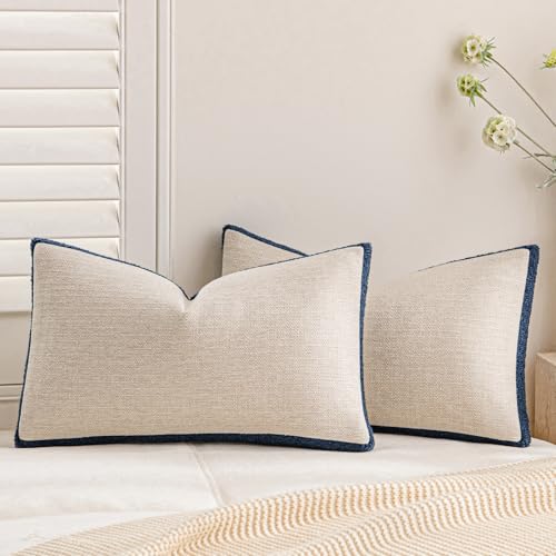a moment Loop Yarn Linen-Like Pillow Cover Natural Soft Decorative Throw Pillow Case Farmhouse 12x20 Inch, Bohemian Textured Cushion Cover for Sofa Bed, Wrinkle-Resistant Home Decor Navy Blue - color: Navy Blue, size: 20" x 12" (Pack of 2)