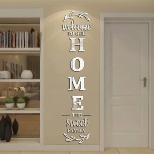 Wall Mirror, Silver 100x20cm Family Decor Removable 3D Acrylic Decorative Mirror Decals Self-Adhesive Reflective Stickers for Living Room Wall Art Entryway Background Home Decor Family Signs