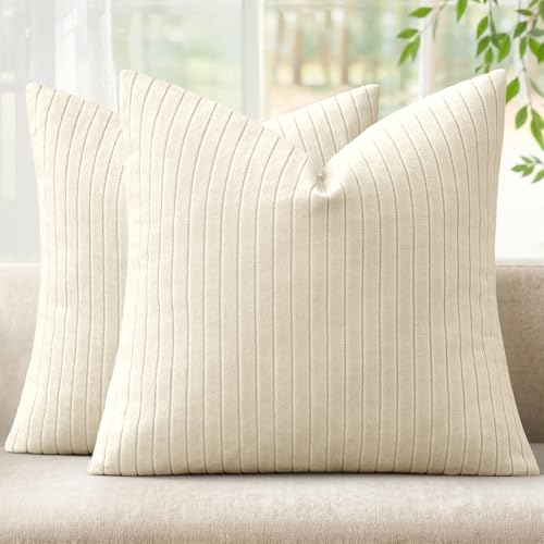 MIULEE Set of 2 Cream Decorative Throw Pillow Covers 18x18 Inch, Thick Soft Textured Striped Cushion Covers, Modern Solid Color Farmhouse Boho Pillow Case for Sofa Couch Bed Living Room - color: Cream, size: 18" x 18" (Pack of 2)