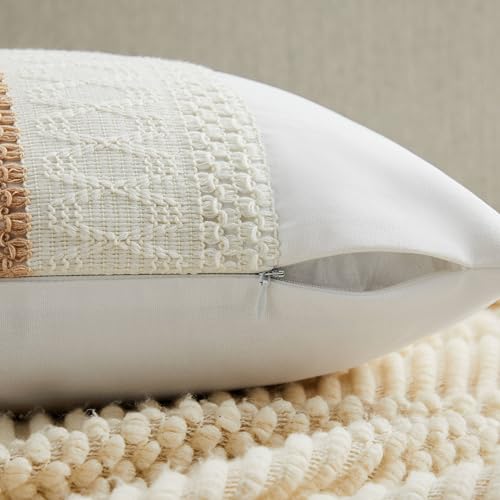 Soft Cotton Boho Throw Pillow Covers Set of 2, Natural White/Contrast Beige 16x16 Inch, Beige Farmhouse Decorative Cushion Covers for Sofa Bed Living Room Home Decor - color: Natural White/Contrast/Beige, size: 16" x 16" (Pack of 2)