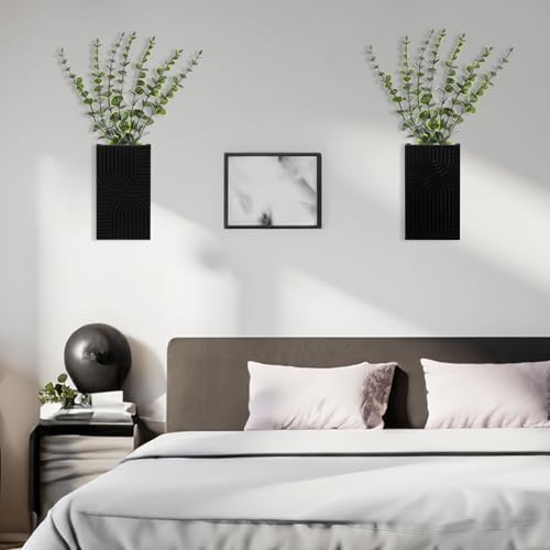 2 Pack Modern Farmhouse Wall Decor Wood Planter Vase with Artificial Eucalyptus Farmhouse Bohemian Hanging Wall Decor for Bathroom Dinning Room Living Room Hallway Bedroom(Black) - color: Black