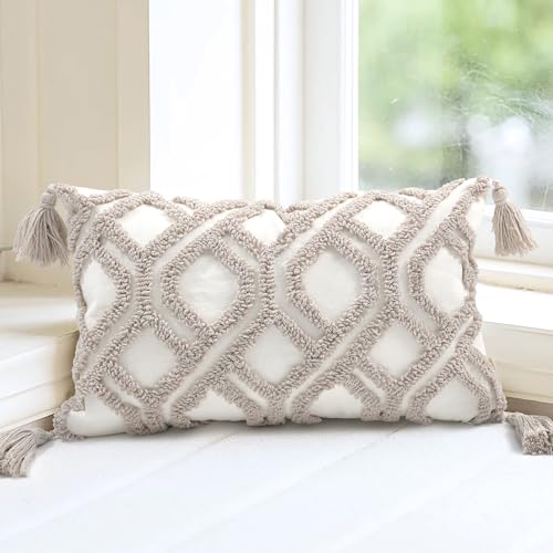 Boho Pillow Covers 12X20 Inch Boho Tufted Throw Pillow Covers Decorative Tassels Cushion Cover Farmhouse Pillow Case for Couch Sofa Bed Living Room Bedroom, Taupe - color: Boho Taupe, size: 20" x 12" (Pack of 1)