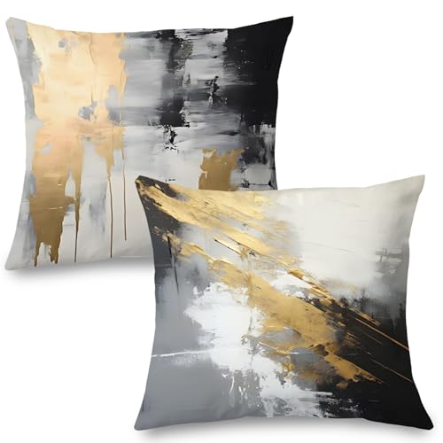 Abstract White & Gold Pillow Covers - 16x16 Set of 2, Modern Black & White for Couch, Bed & Living Room - color: Black Grey, size: 16" x 16" (Pack of 1)