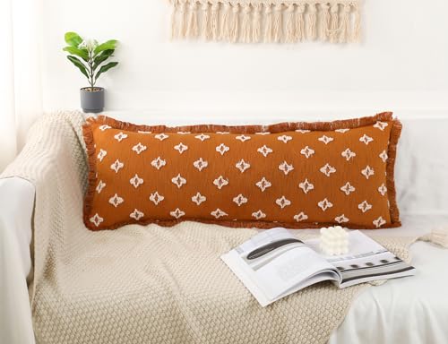 Boho Long Lumbar Pillow Cover 14x36 with Tassel Fringe,3D Flower Patterned Extra Decorative Long Lumbar Pillow Cover Case for Sofa Couch Bed Livingroom Farmhouse,Rust Red - color: Rust Red, size: 36" x 14" (Pack of 1)