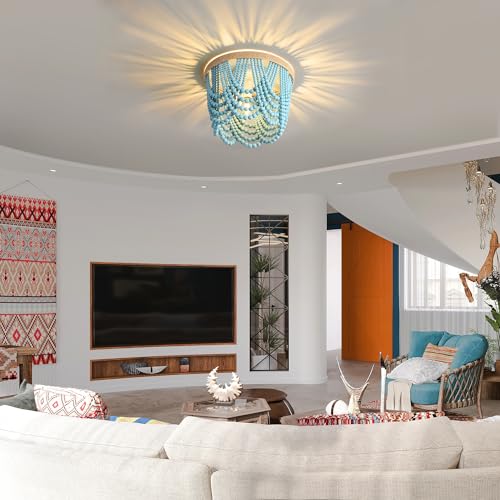 Bohemian Lighting Bohemian Chandelier Handmade Beaded Chandelier Bohemian Ceiling Beaded Lighting 3 Shallow Wood Beads Chandelier Nursery Bedroom Chandelier (Blue) - color: Blue