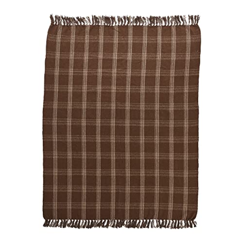 Creative Co-Op Recycled Cotton Blend Throw Blanket with Fringe, Brown Plaid - color: Brown, size: One Size