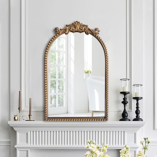ironsmithn Gold Arched Mirror, 20"x32" Ornate Beaded Frame Mirror, Metal Decorative Accent Mirrors for Fireplace Bedroom Bathroom Living Room Entryway - size: 32"L x 20"W