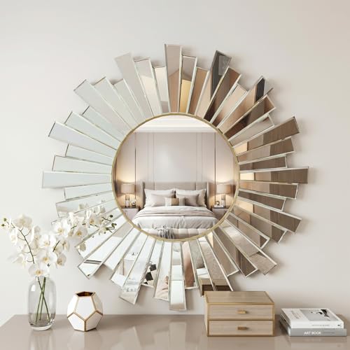 Silver Sunburst Wall Mirror, 26" Decorative Round Accent Mirror with Beveled Mirrored Frame, Modern Glam Luxury Wall Decor for Living Room, Bedroom, Entryway, Dining Room and Fireplace - color: Modern Sliver