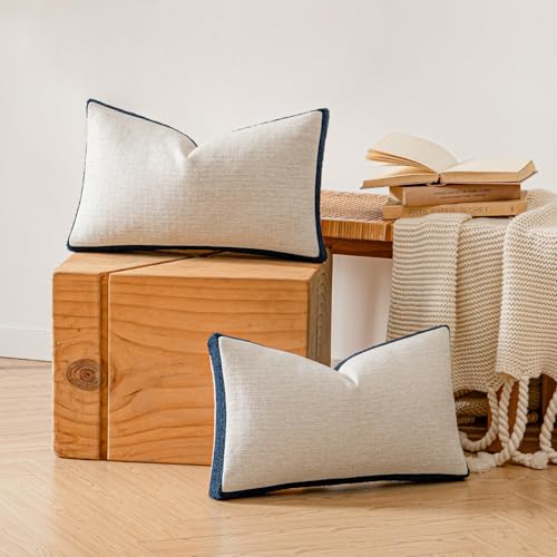 a moment Loop Yarn Linen-Like Pillow Cover Natural Soft Decorative Throw Pillow Case Farmhouse 12x20 Inch, Bohemian Textured Cushion Cover for Sofa Bed, Wrinkle-Resistant Home Decor Navy Blue - color: Navy Blue, size: 20" x 12" (Pack of 2)