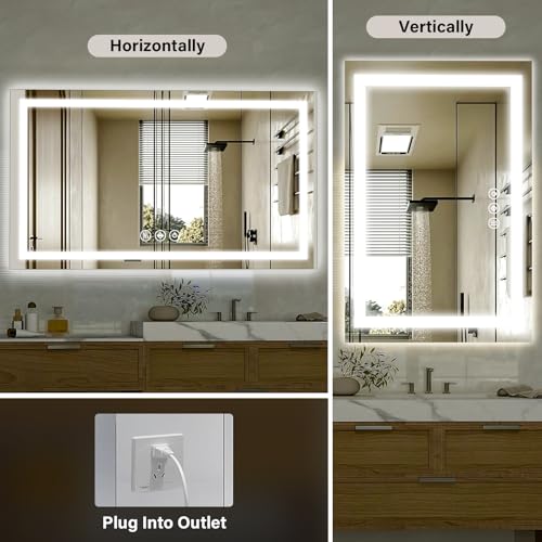 XRAMFY 40"x 60"LED Bathroom Mirror, Backlit + Front Lit, LED Bathroom Mirror with Lights for Wall, 3 Colors, Anti-Fog, Dimmable Brightness, Tempered Glass - size: 40"L x 60"W