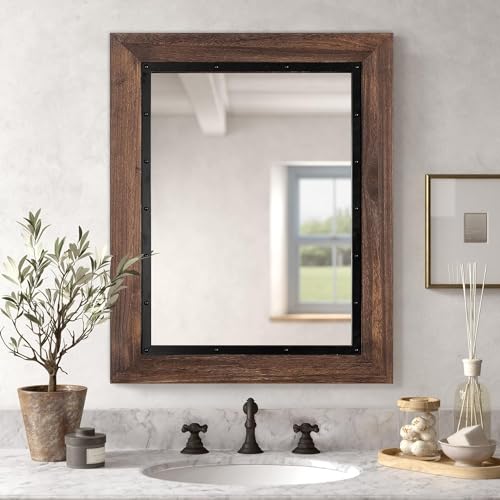 YOSHOOT Rustic Wooden Framed Wall Mirror, Natural Wood and Iron Bathroom Vanity Mirror for Farmhouse Decor, Vertical or Horizontal Hanging, 53" x 28", Brown - color: Brown, size: 53"L x 28"W