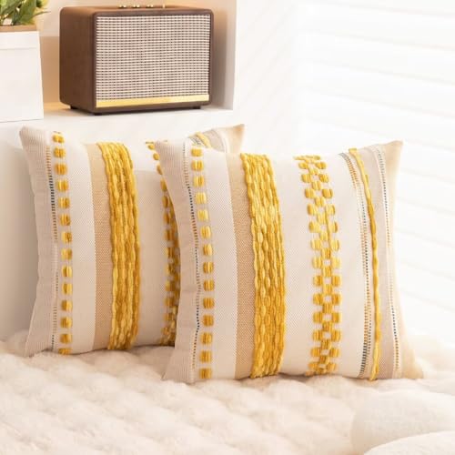 Boho Throw Pillow Covers 18x18 Set of 2 Farmhouse Decorative Cushion Case Striped Square Pillows Cover Chenille Pillow Cases Accent Neutral Pillowcase for Sofa Couch Bed,Yellow - color: Yellow Stripe