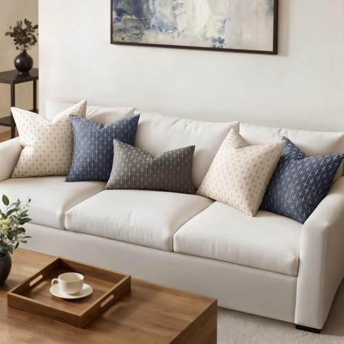 MIULEE Pack of 2 Decorative Burlap Linen Throw Pillow Covers Modern Farmhouse Vintage Pillowcase Rustic Woven Textured Cushion Cover for Sofa Couch Bed 20x20 Inch Blue - color: Blue, size: 20" x 20" (Pack of 2)