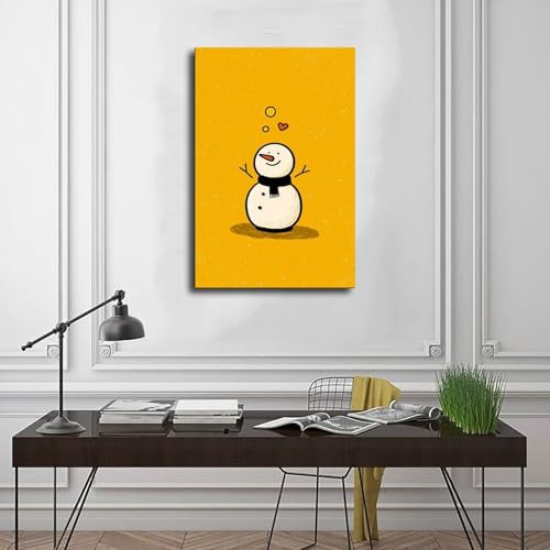 JDBeehpy Christmas Wall Art Cheerful Cute Snowman with Scarf Painting Yellow Poster Playful Winter Frameless Canvas Print Home Decor Mural for Kids' Gifts 12x18inch(30x45cm) - color: Snowman Unframe, size: 18L" x 12W"