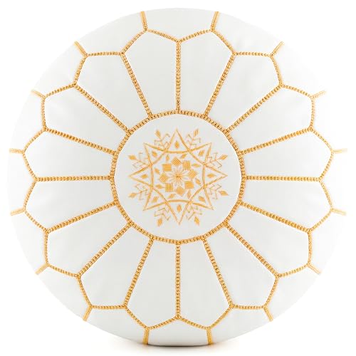 Marrakesh Gallery Genuine Leather Round Pouf Unstuffed - Moroccan Ottoman Footstool, Footrest Cover - Boho Decor - Bohemian Living Room, Bedroom, Kids Room, Gift & Wedding - color: White By Mustard