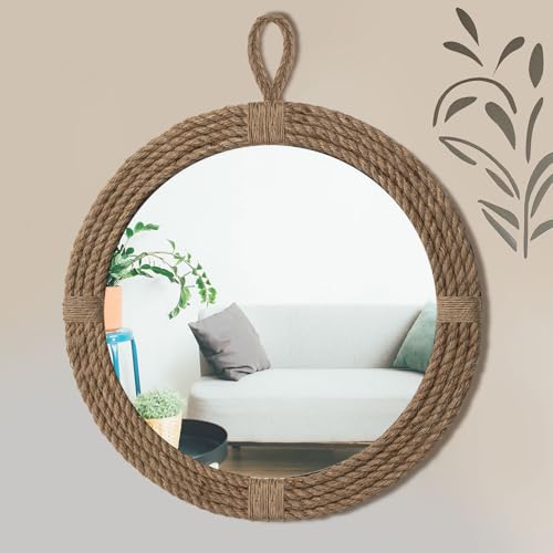 Vercraft Nautical Mirror 20" Wall Decor with Rope Wrapped Trim and Hanging Loop Round Circle Coastal Boho Mirror Nautical Rustic Decorative for The Living Room, Bedroom Bathroom and Entryway - color: Brown, size: 20.1"L x 20.1"W, style: Vintage