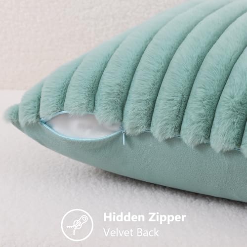 decorUhome Fall Cozy Faux Fur Throw Pillow Covers 26x26 Set of 2 Decorative Soft Plush Striped Modern Farmhouse Boho Couch Euro Sham Pillow Cases with Velvet Back for Sofa Bed Living Room, Aqua - color: Aqua, size: 26" x 26" (Pack of 2)