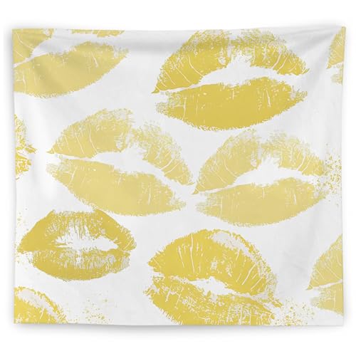 WNAGT Trendy Black and White Kiss Lips Tapestry Wall Hanging, Funky Makeup Wall Decor, Fashion Aesthetic Wall Blanket Decor for Girls Room College Dorm Makeup Room Beauty Room, 50x60 Inch - color: yellow