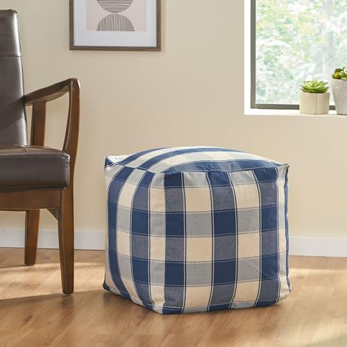 GDFStudio Modern Fabric Checkered Cube Pouf Ottoman Foot Stool - Bean Bag Floor Chair - Foot Rest Couch for Living Room Bedroom,Ivory and Navy Blue,16"" x 16"" x 16"", 313655N - color: Ivory+navy, size: 16"