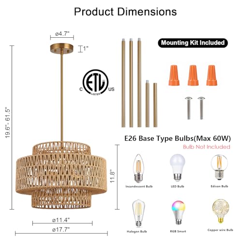 18 Inch Boho Chandeliers for Dining Room 4-Lights Black Farmhouse Light Fixtures Large Pendant Light Hand Woven Dining Table Light Fixture Rattan Hanging Lamp for Kitchen Island - size: 18 Inch