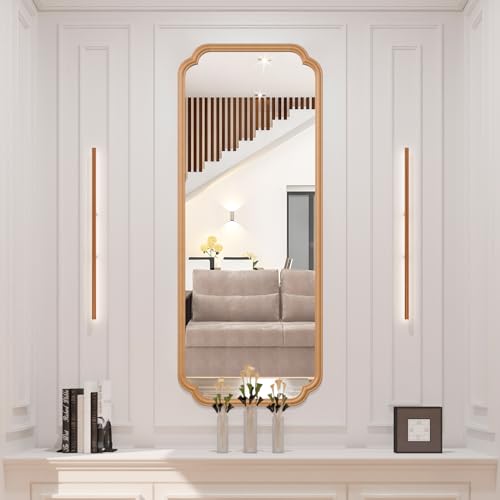 Ferytange Natural Wood Framed Bathroom Mirror for Wall, 60X24 Inch Wood Bathroom Vanity Mirror Farmhouse, Large Rounded Rectangle Mirror, Tempered Glass, Hangs Horizontally or Vertically - color: Natural Wood, size: 60"L x 24"W