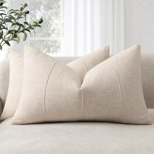 ZWJD 12x20 Pillow Covers Set of 2 Decorative Linen Solid Handcrafted Striped Throw Pillows for Bed Soft Modern Farmhouse Neutral Pillowcase for Couch Bedroom Living Room Home Decor(Natural Beige) - color: Natural Beige, size: 20" x 12" (Pack of 2)