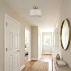 13" Boho Rattan-Style Semi Flush Mount Ceiling Light Fixture, 3-Light Modern Fabric Shade Drum Lamp, White Rustic Lighting for Bedroom, Kitchen, Dining Room, Living Room, Hallway, Entryway - color: White