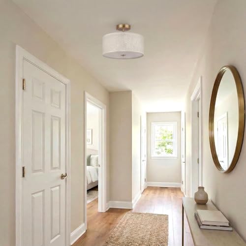 13" Boho Rattan-Style Semi Flush Mount Ceiling Light Fixture, 3-Light Modern Fabric Shade Drum Lamp, White Rustic Lighting for Bedroom, Kitchen, Dining Room, Living Room, Hallway, Entryway - color: White