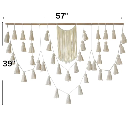 Jakalin Macrame Wall Hanging Boho Tassel Garland 57"x39" | Handmade Cotton Rope Wall Decor for Living Room, Bedroom, Nursery | Large Macrame Banner for Wedding Backdrop, Home Decoration - color: Ivory
