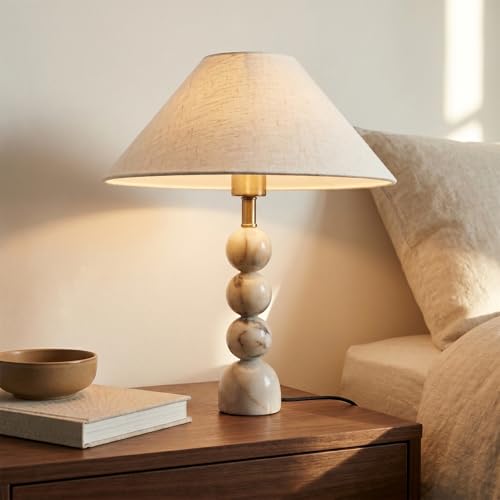 Calacatta Marble Table Lamp with Pleated Linen Shade,Vintage Solid Stacked-Sphere Marble Lamp with 3 Color Temperatures,Boho Marble Light for Bedroom Living Room Nightstand - size: 20.1in
