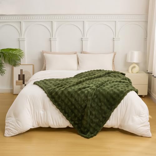 YUSOKI 3D Fleece Bubble Throw Blanket | 380GSM Ultra Soft Fluffy Plush | Non-Shedding Lightweight Cozy Blanket for Couch Sofa Bed | All Season(Olive Green,50 * 60inches) - color: Olive Green, size: Throw(50" x60")