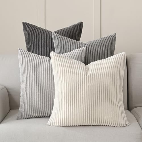 Volcanics Set of 4 Neutral Grey Corduroy Decorative Couch Throw Pillow Covers 18x18 Inch, Western Modern Farmhouse Striped Cushion Cases, Soft Boho Square Accent Pillow Covers for Home Sofa - color: Neutral Grey, size: 18" x 18" (Pack of 4)