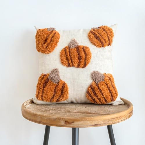 Fall Tufted Pumpkin Pillow Cover, Fluffy Autumn Harvest Throw Pillow Sham, Orange Burlap Decorative Pillowcase for Farmhouse Halloween Thanksgiving Home Decor, Square 18 inches, 1PCS