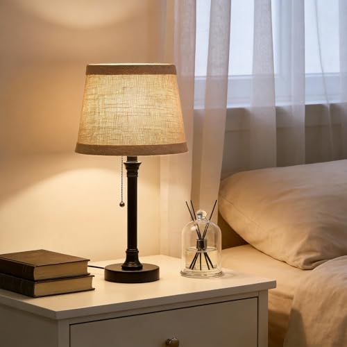 Oneach 19.5" Small Table Lamp with USB A+C Charging Ports, Black Modern Rustic Bedside Lamp with Natural Shade, Black Metal Pull Chain Desk Lamps for Living Room, Bedroom, Nightstand - color: Black USB-1Pack