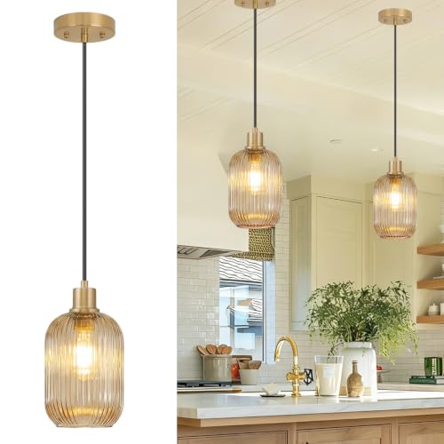2 Pack Amber Cylinder Pendant Lights Kitchen Island with Ribbed Lampshade, Brushed Gold Hanging Light Fixture, Adjustable Pendant Lighting for Kitchen Island Sink Dining Room (Bulbs Not Included) - color: 2 Pack Brushed Gold + Amber Glass