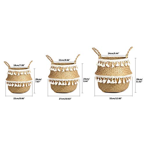 Tassel Macrame Woven Seagrass Belly Basket for Storage, Decoration, Laundry, Picnic, Plant Basin Cover, Groceries and Toy Storage (Large, Tassel) - color: Ivory White, size: Large