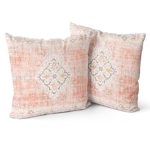 Snycler Boho Throw Pillow Covers 18x18 inch Set of 2 Bohemian Carpet Throw Pillows for Couch Light-Pink Decorative Pillow Cases Farmhouse Home Decor for Sofa Porch Patio Bed Room Outdoor - color: Light-pink, size: 18" x 18" (Pack of 2)