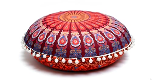 Round Mandala Floor Pillow Cover Seating Cushion Throw Cover Ottoman Pouf Cover Pom Pom Pillow Cases Hippie Decorative Bohemian Boho Indian 22 Inches (Maroon) - color: Maroon