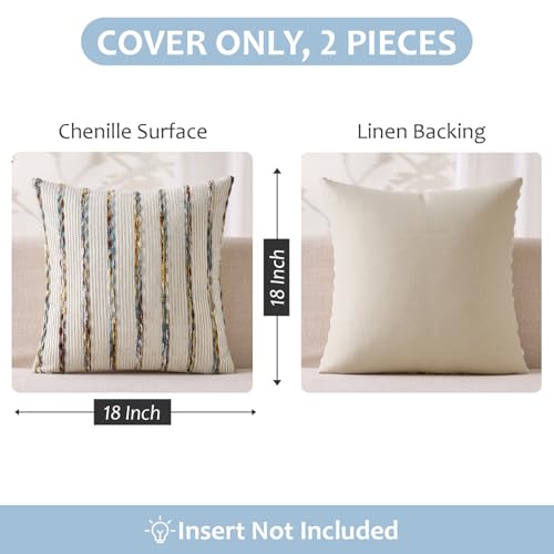 ANRODUO Boho Woven Chenille Pillow Covers 18x18 Inch Set of 2 Soft Textured Decorative Cushion Case with Striped Farmhouse Accent Neutral Pillowcase for Couch Sofa Bed Living Room Decor, Blue Stripe - color: Blue Stripe, size: 18" x 18" (Pack of 2)