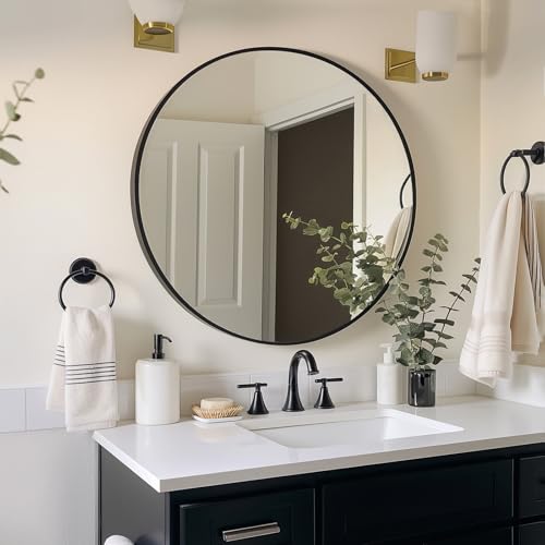 Sunniry Black Round Mirror, Round Mirror 24 inch, Black Circle Mirrors Matte Metal Frame, Wall Mounted Mirrors for Living Room, Bathroom, Wall, Entryway. - color: Black, size: 24"L x 24"W