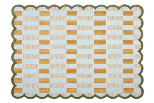 Hand-Tufted Wool Rug with Scalloped Edges, Light Blue Plaid Pattern, Cozy Soft Area Rug for Living Room, Bedroom, and Nursery, Handmade Modern Accent Rug, 7x7 Ft (Round) - color: Light Blue, Beige, Green, size: 7x7 Ft (Round)