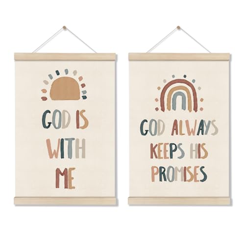 DOI-LANEE Christian Canvas Wall Art, Set of 2 Christian Nursery Artwork, Classroom Posters Hanger Frame, Sunday School Decorations, Boho Rainbow Classroom Decor 16x12 Inch - color: Off-White A05