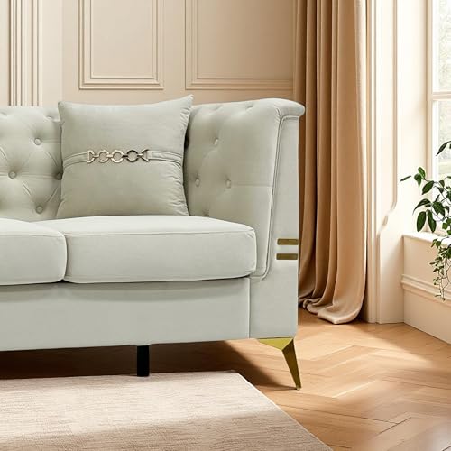 KEIKI 82" Oversized Luxury Velvet Chesterfield Sofa with 2 Pillows, Deep Button Tufted Backrest, Modern Style Gold Metal Accents 3-Seater Couch, Easy Assembly, for Living Room, Apartment, Cream White - color: Cream White, size: 82"