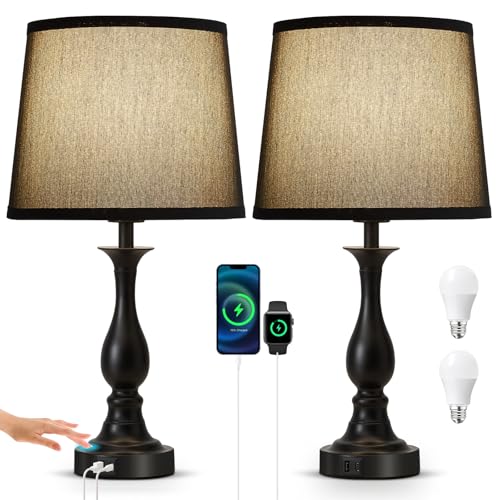 Bedside Table Lamp Touch Control Bedroom Lamps with USB A + C Charging Port 3 Way Dimmable Touch Lamps for Nightstand Living Room Bedroom Dorm Home Office Reading, Set of 2 (Black Shade & Black Base) - color: Black Shade & Black Base