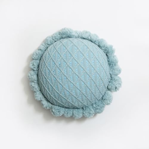 Acrylic Knitted Round Throw Pillow Knitting Bohemian Circular Cushion Pillow with Knit Handmade Pompoms Decorative Turquoise Green, Diameter 18inches - color: Turquoise Green