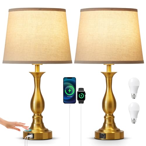 Bedside Table Lamp Touch Control Bedroom Lamps with USB A and C Charging Port 3 Way Dimmable Touch Lamps for Nightstand Living Room Bedroom Dorm Home Office Reading, Set of 2 - color: Gold